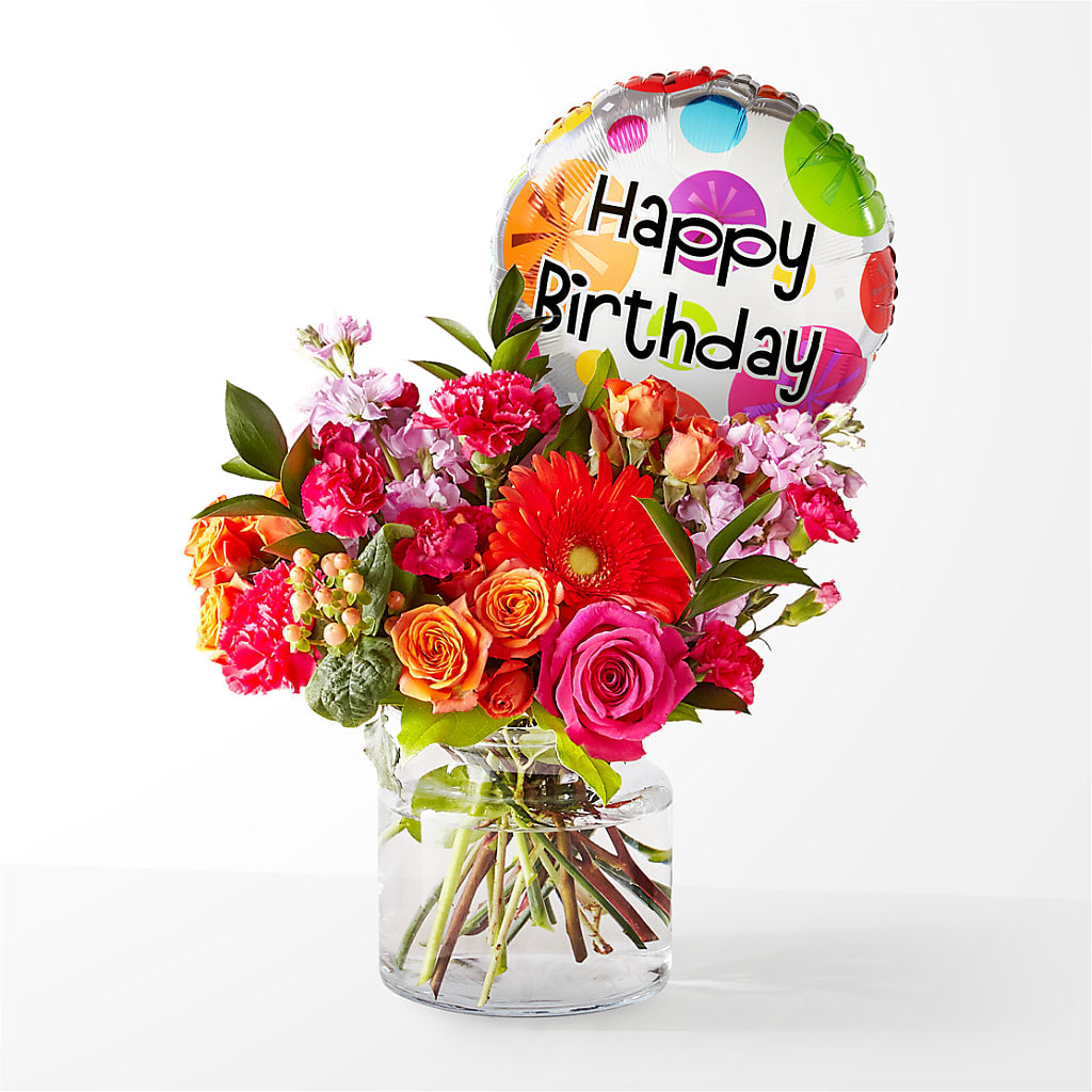 Fiesta Bouquet with Birthday Balloon – Forsberg Flowers Of Marquette Llc, Marquette MI