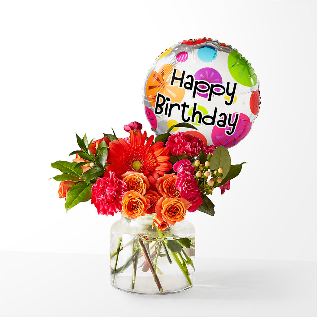 Fiesta Bouquet with Birthday Balloon – Forsberg Flowers Of Marquette Llc, Marquette MI