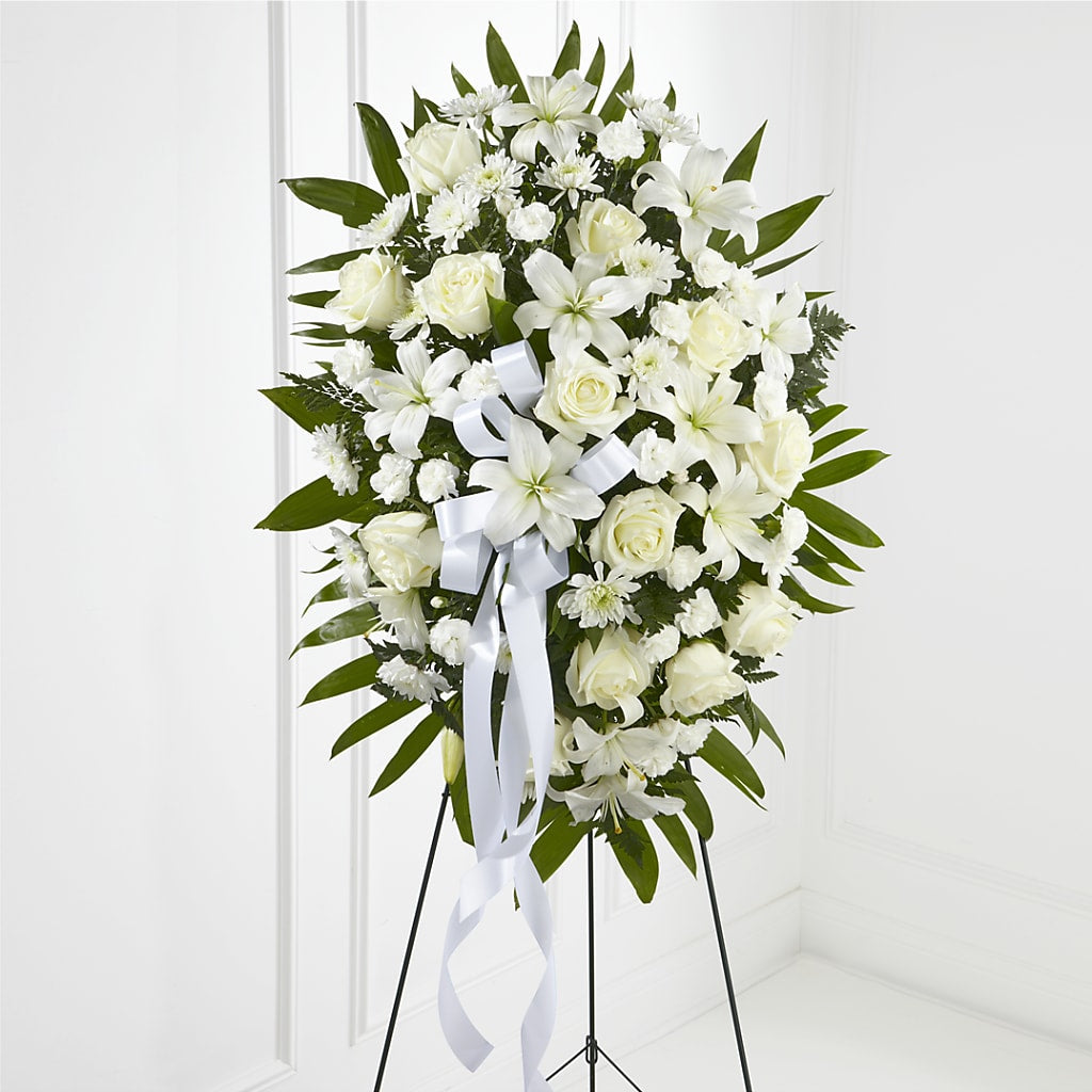 Exquisite Tribute Standing Spray-White Ribbon – Forsberg Flowers Of Marquette Llc, Marquette MI